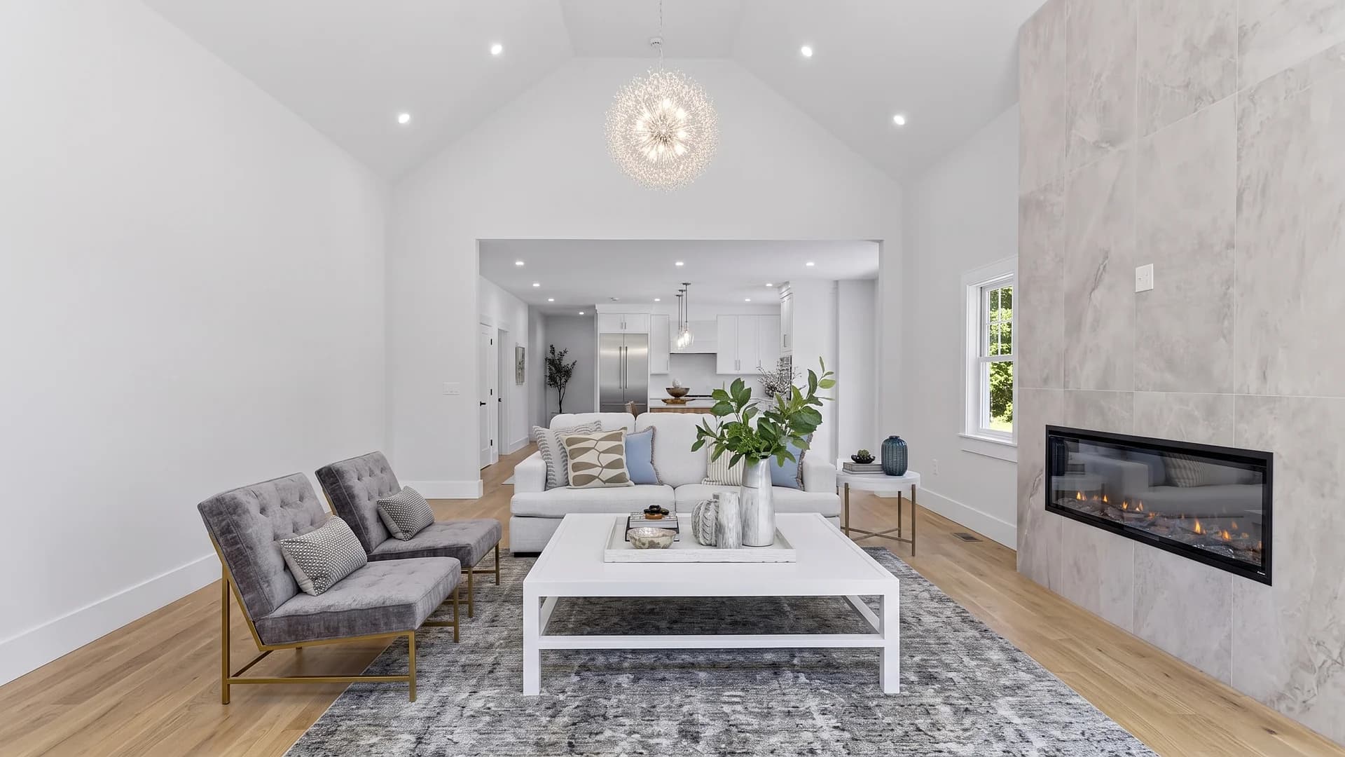 Vaulted living room and fireplace